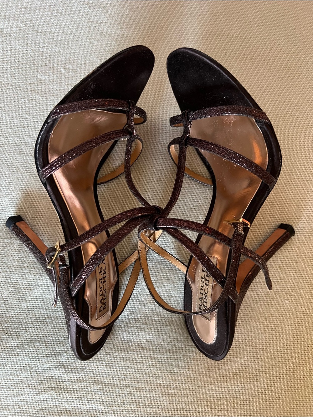 Badgley Mischka Bronze Glitter Strappy T‑Bar Sandals - Picture 5 of 8